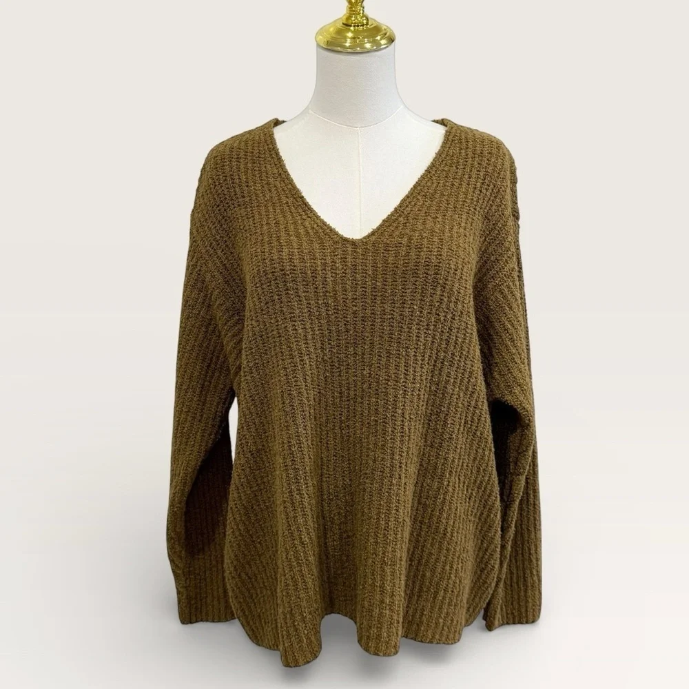 Eileen Fisher Women’s Organic Cotton Cashmere Fluff V-Neck Sweater Gold Leaf NWT